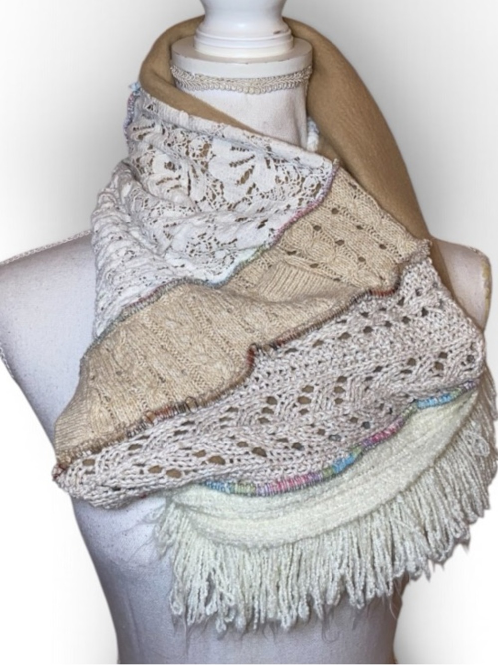 BOHO INSPIRED Patchwork Lace Infinity Scarf Tan-Fringe Off White 29”x 10-1/2”